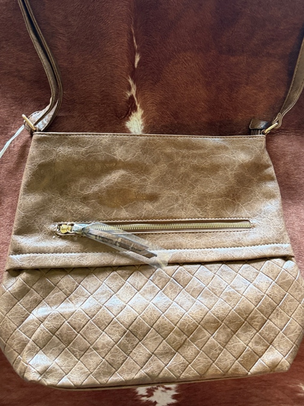 Quilted Panel Tan Crossbody Bag with Zip Pocket